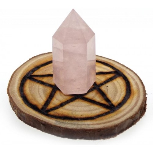 Oak Wooden Pentacle Altar Tile with Rose Quartz Point